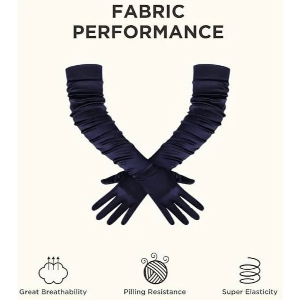 Women's Long Satin Gloves Navy Blue Stretchy Upper Arm Length Costume Design